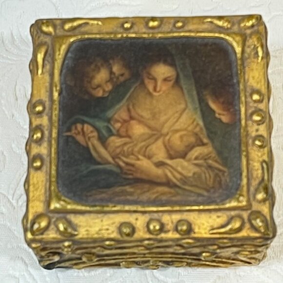 VTG Italian Florentine Mini Wooden Trinket Box Madonna & Child Hinged 2.5" - Picture 3 of 16